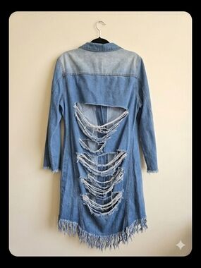 SHEIN Light Blue Distressed Long Sleeve Denim Shirt Dress.(Denim Trench Dress).